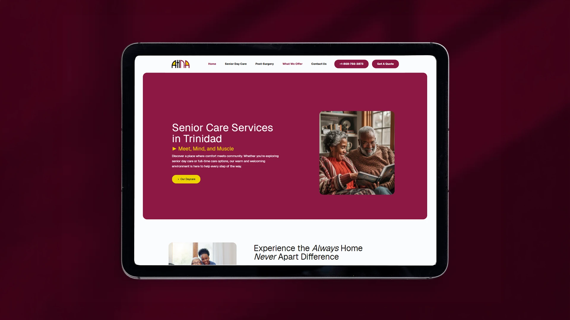 Always Home Never Apart senior care website design mockup